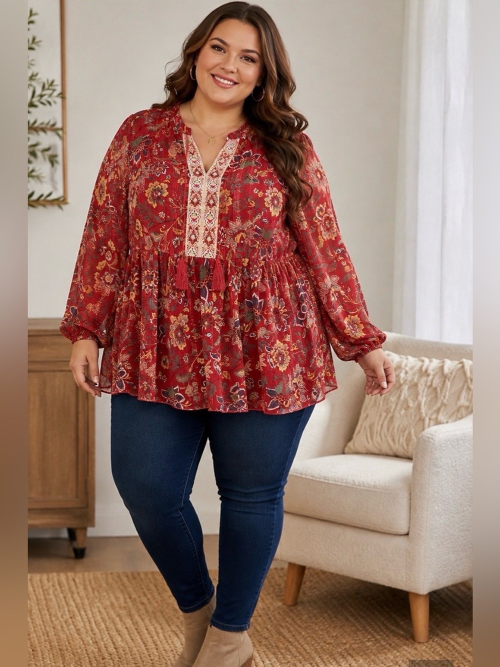 Cato Plus Size 18/20W Red Floral Boho Peasant Blouse Tassel Tie Long Sleeve